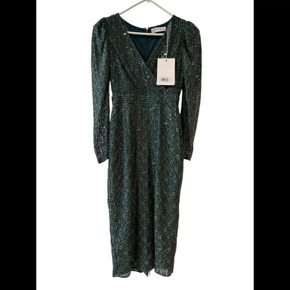 Mac Duggal Long Sleeve Beaded Lace Sequin Green Midi Cocktail Dress Sz 4 NWT - Picture 3 of 16